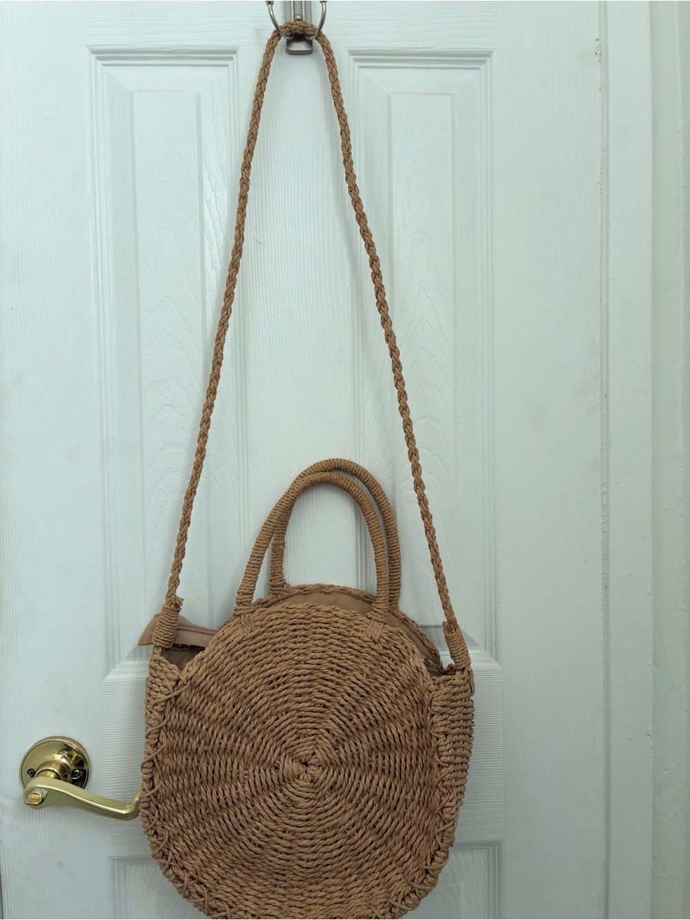 Woven Round Straw Shoulder Bag - Natural Tan